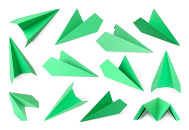 Image of Green paper planes on white background, set