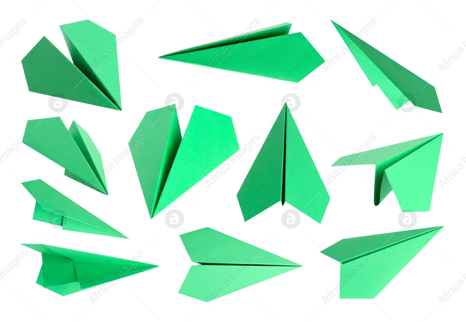 Image of Green paper planes on white background, set