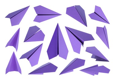 Image of Purple paper planes on white background, set