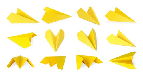 Image of Yellow paper planes on white background, set