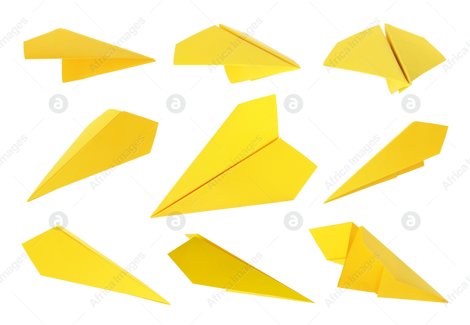 Image of Yellow paper planes on white background, set