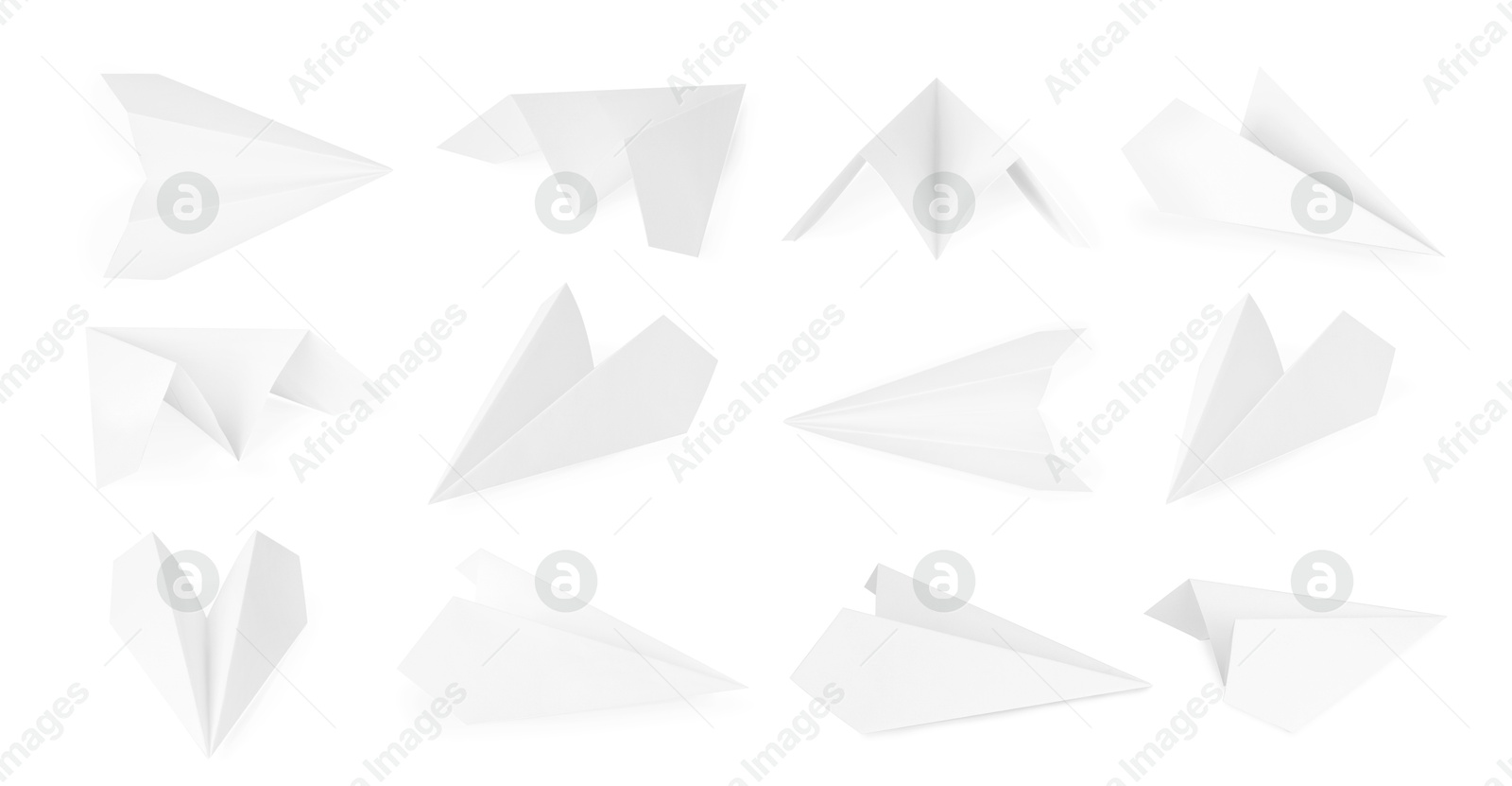 Image of Many paper planes on white background, set