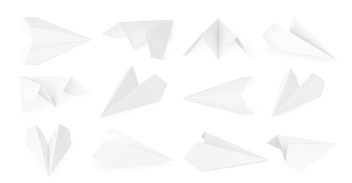 Image of Many paper planes on white background, set