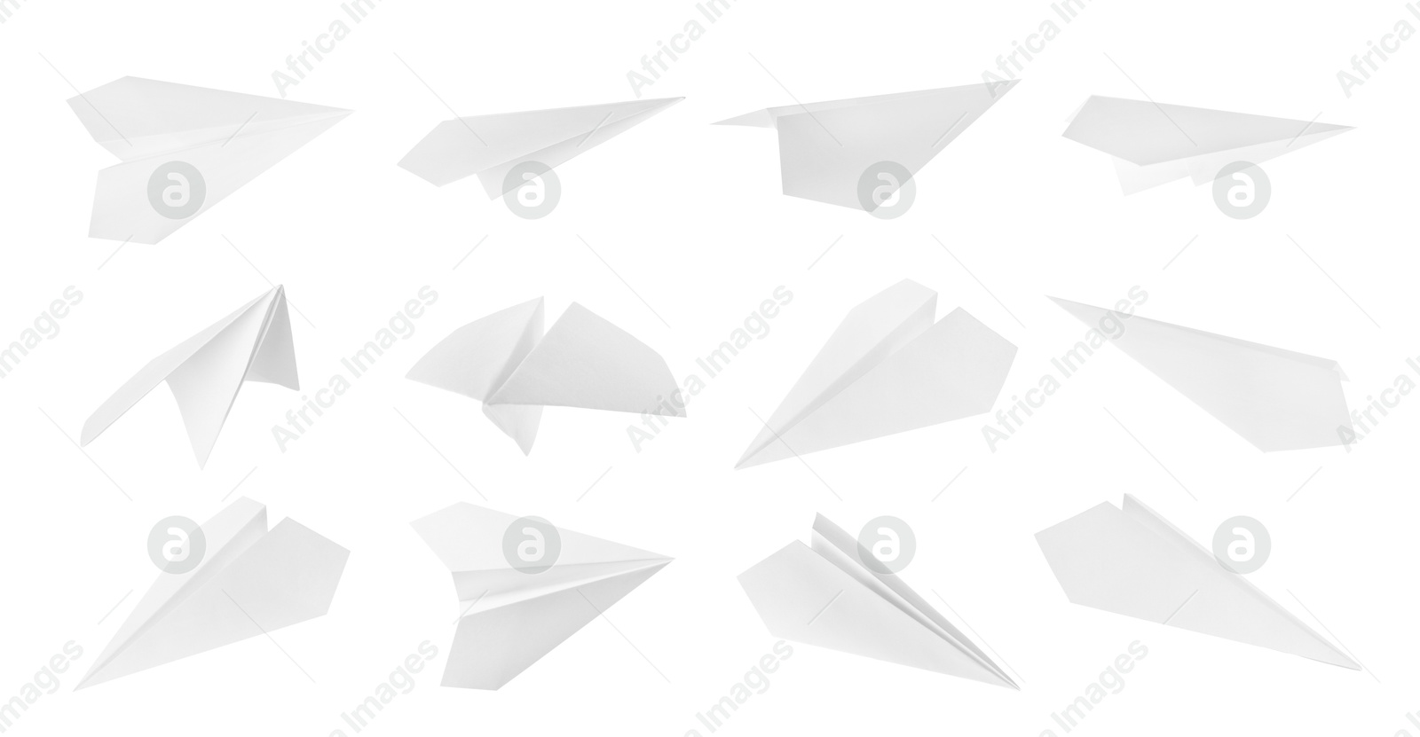 Image of Many paper planes on white background, set