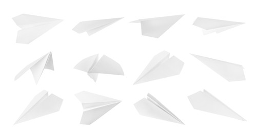 Image of Many paper planes on white background, set