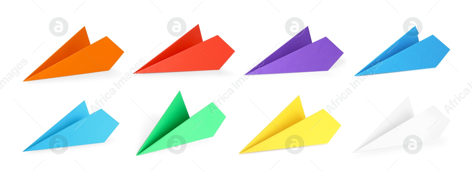 Image of Paper planes in different colors on white background, set