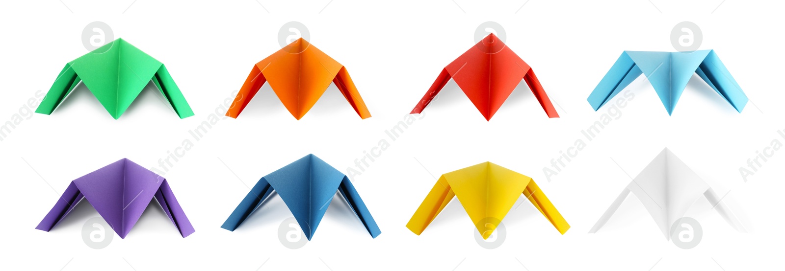 Image of Paper planes in different colors on white background, set