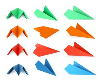 Image of Paper planes in different colors on white background, set