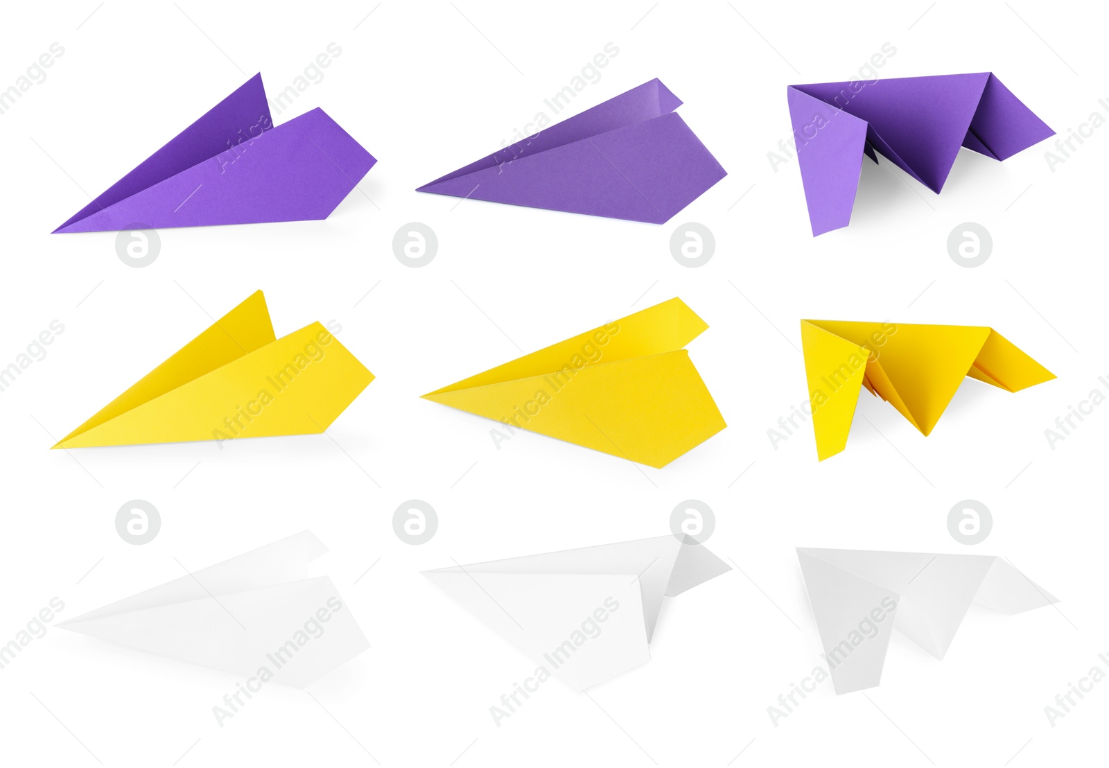 Image of Paper planes in different colors on white background, set