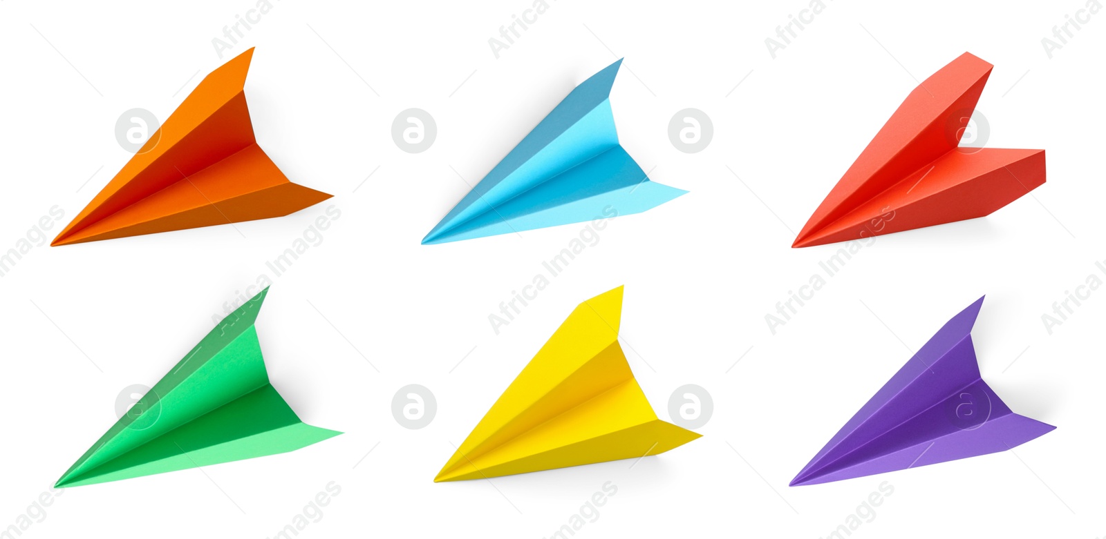 Image of Paper planes in different colors on white background, set