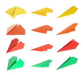 Image of Paper planes in different colors on white background, set