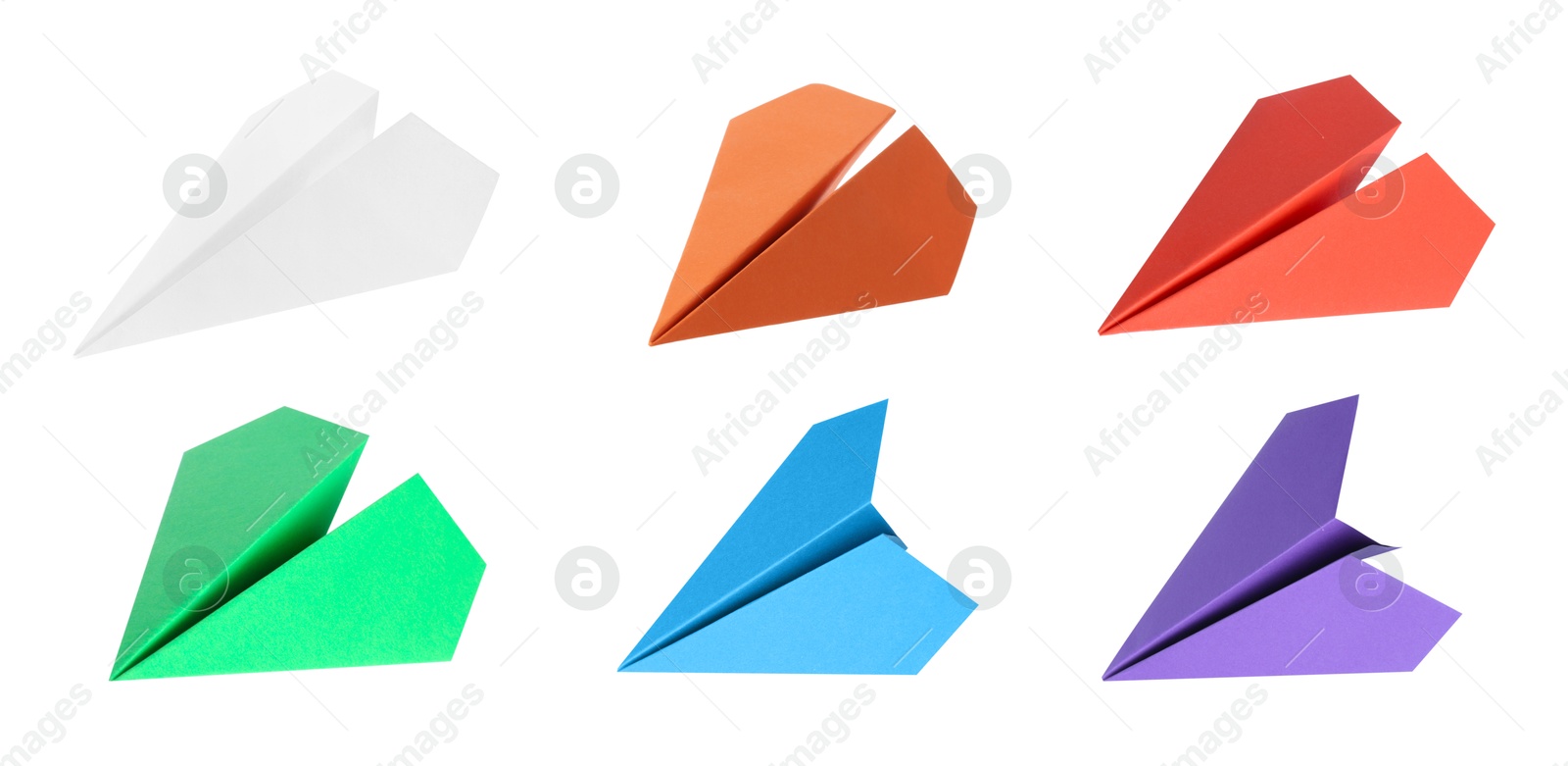 Image of Paper planes in different colors on white background, set