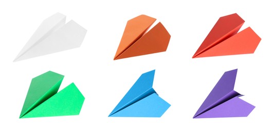 Image of Paper planes in different colors on white background, set