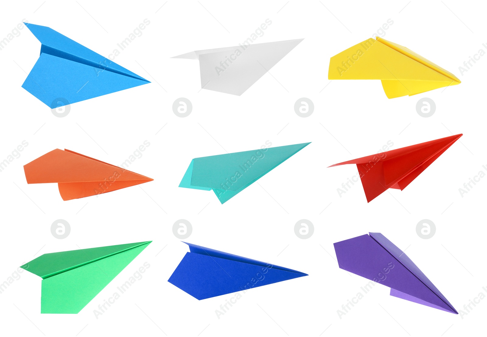 Image of Paper planes in different colors on white background, set