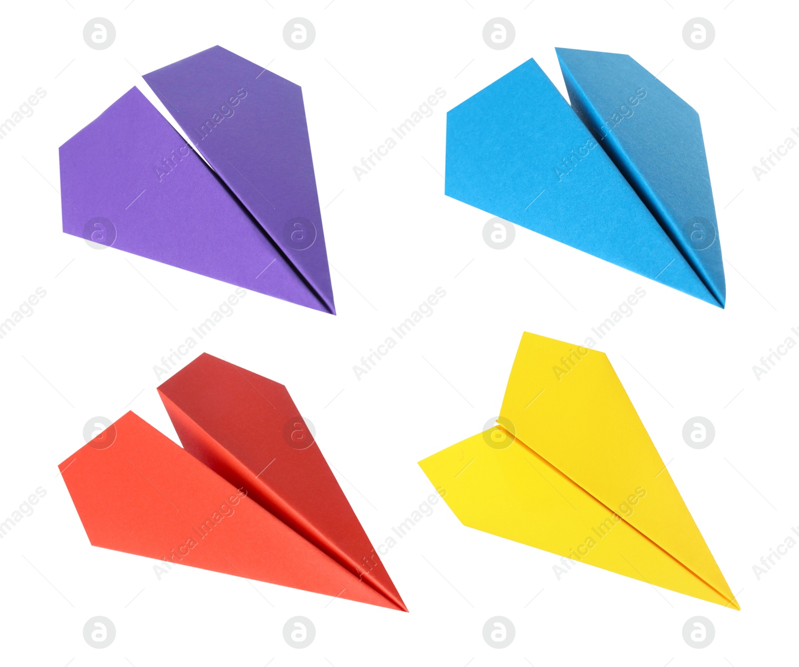 Image of Paper planes in different colors on white background, set