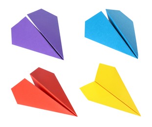 Image of Paper planes in different colors on white background, set