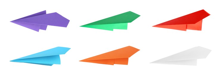 Image of Paper planes in different colors on white background, set