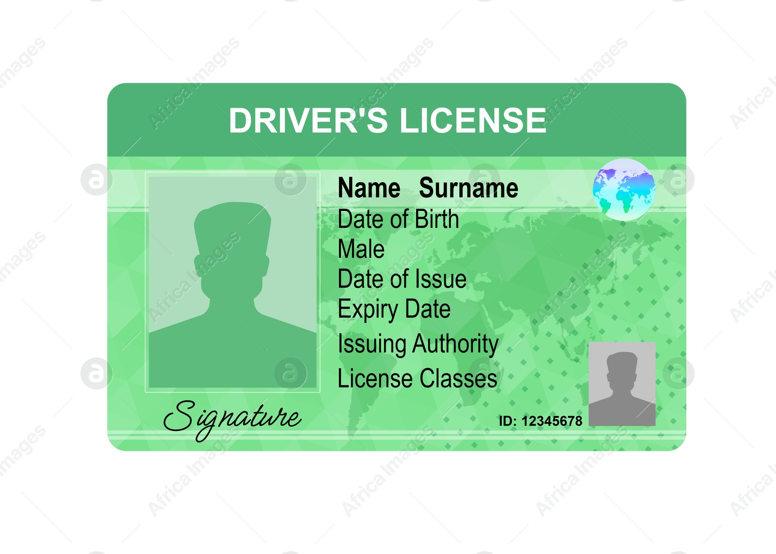 Image of Driver's license with male silhouette and illustration of world map isolated on white