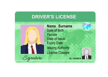 Image of Driver's license with female silhouette and illustration of world map isolated on white