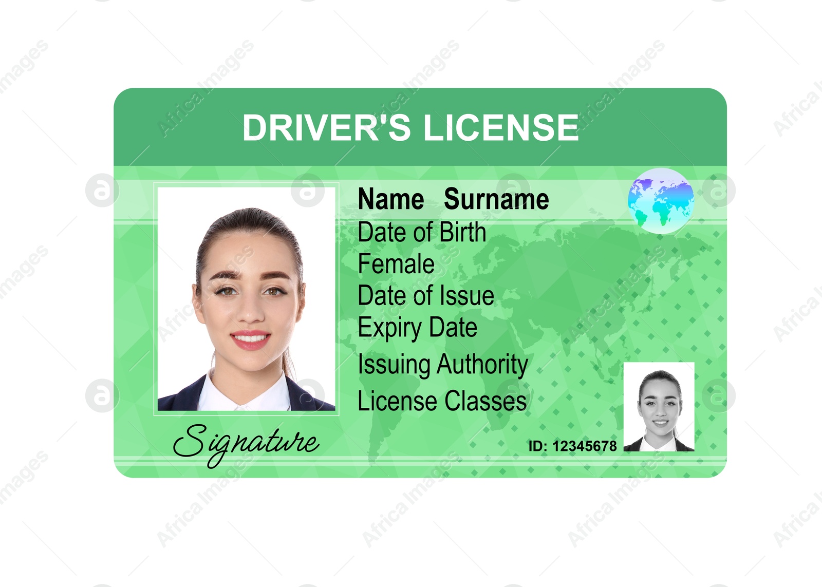 Image of Driver's license with photo of woman and world map illustration isolated on white