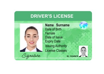 Image of Driver's license with photo of woman and world map illustration isolated on white