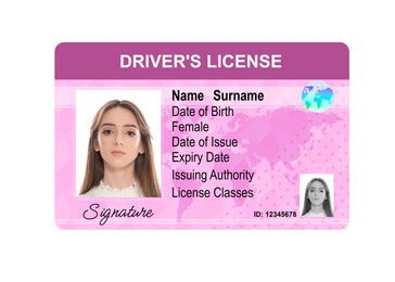 Image of Driver's license with photo of woman and world map illustration isolated on white