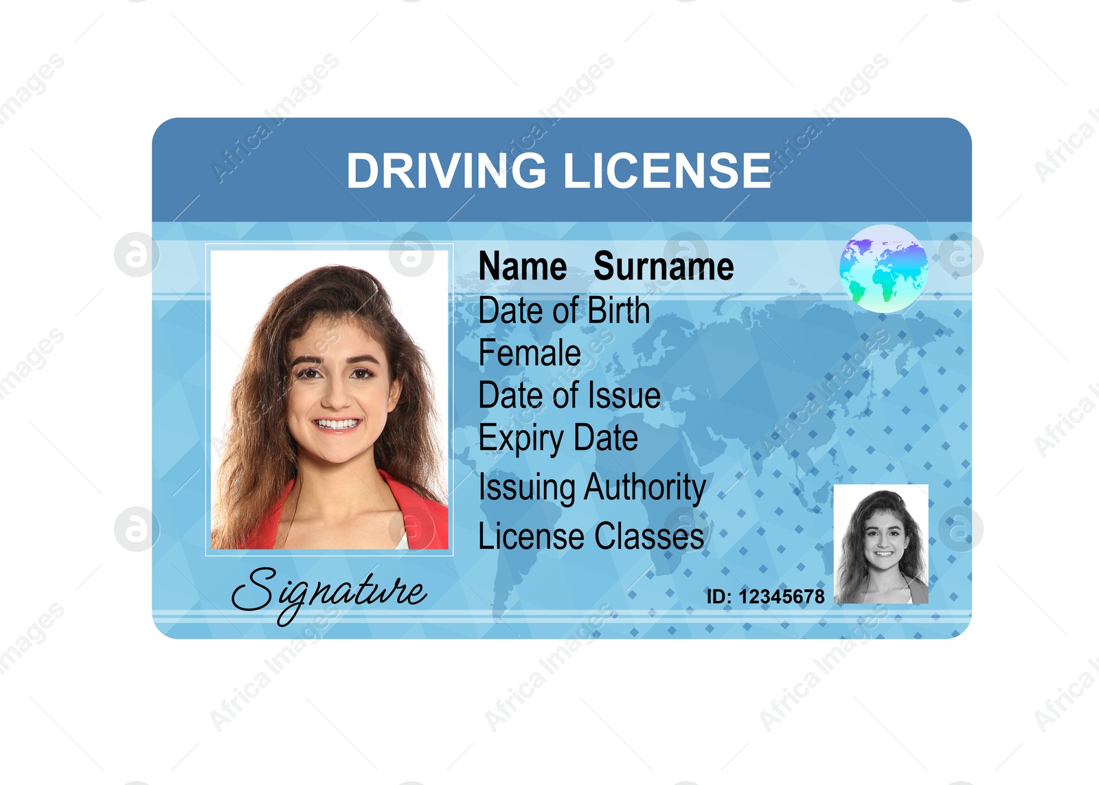 Image of Driver's license with photo of woman and world map illustration isolated on white