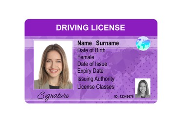 Image of Driver's license with photo of woman and world map illustration isolated on white