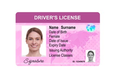 Image of Driver's license with photo of woman and world map illustration isolated on white