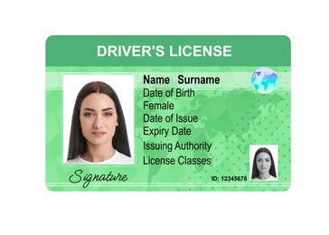 Image of Driver's license with photo of woman and world map illustration isolated on white