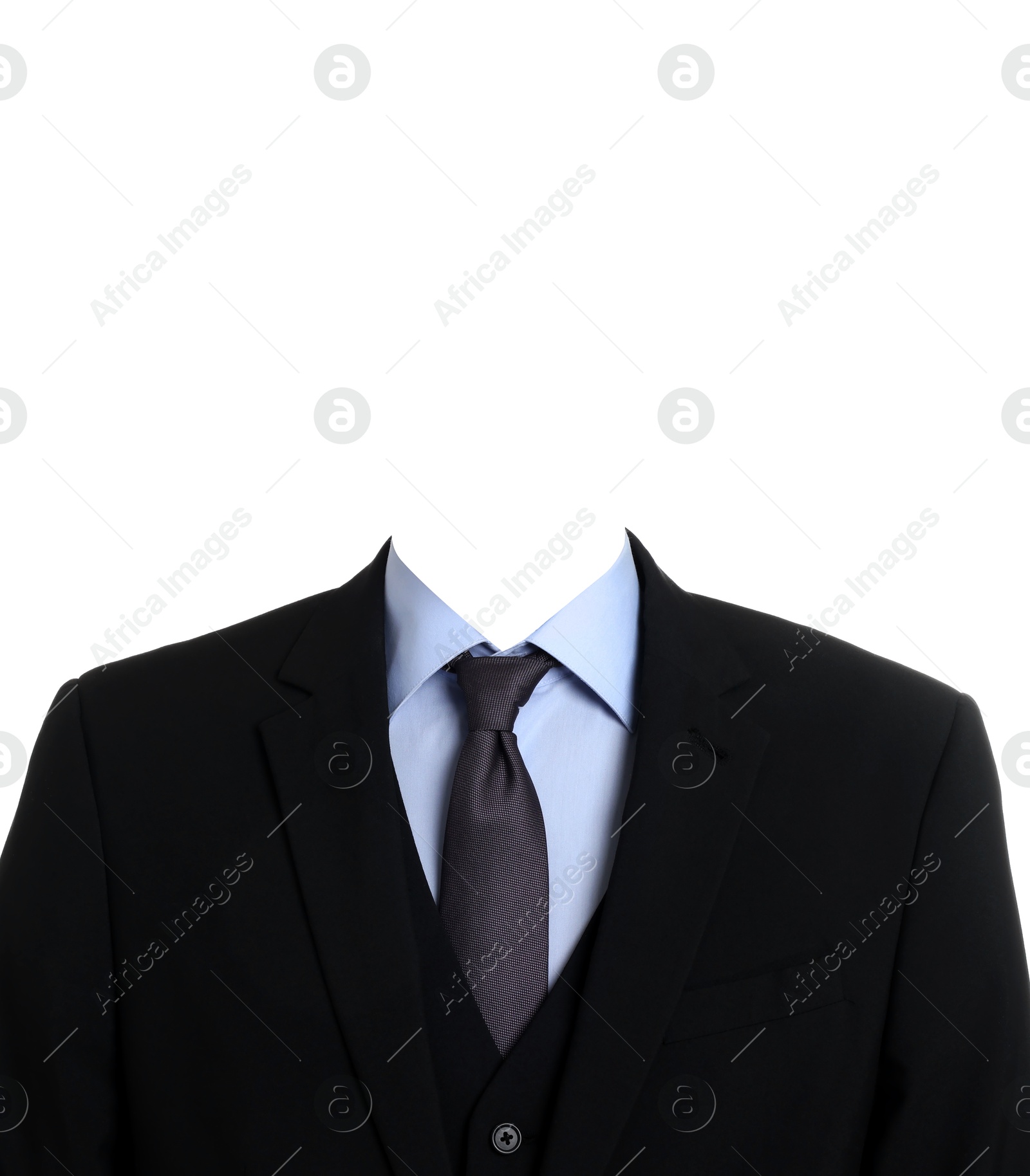 Image of Passport photo, ID card or other document photo. Formal outfit without face for replacement isolated on white