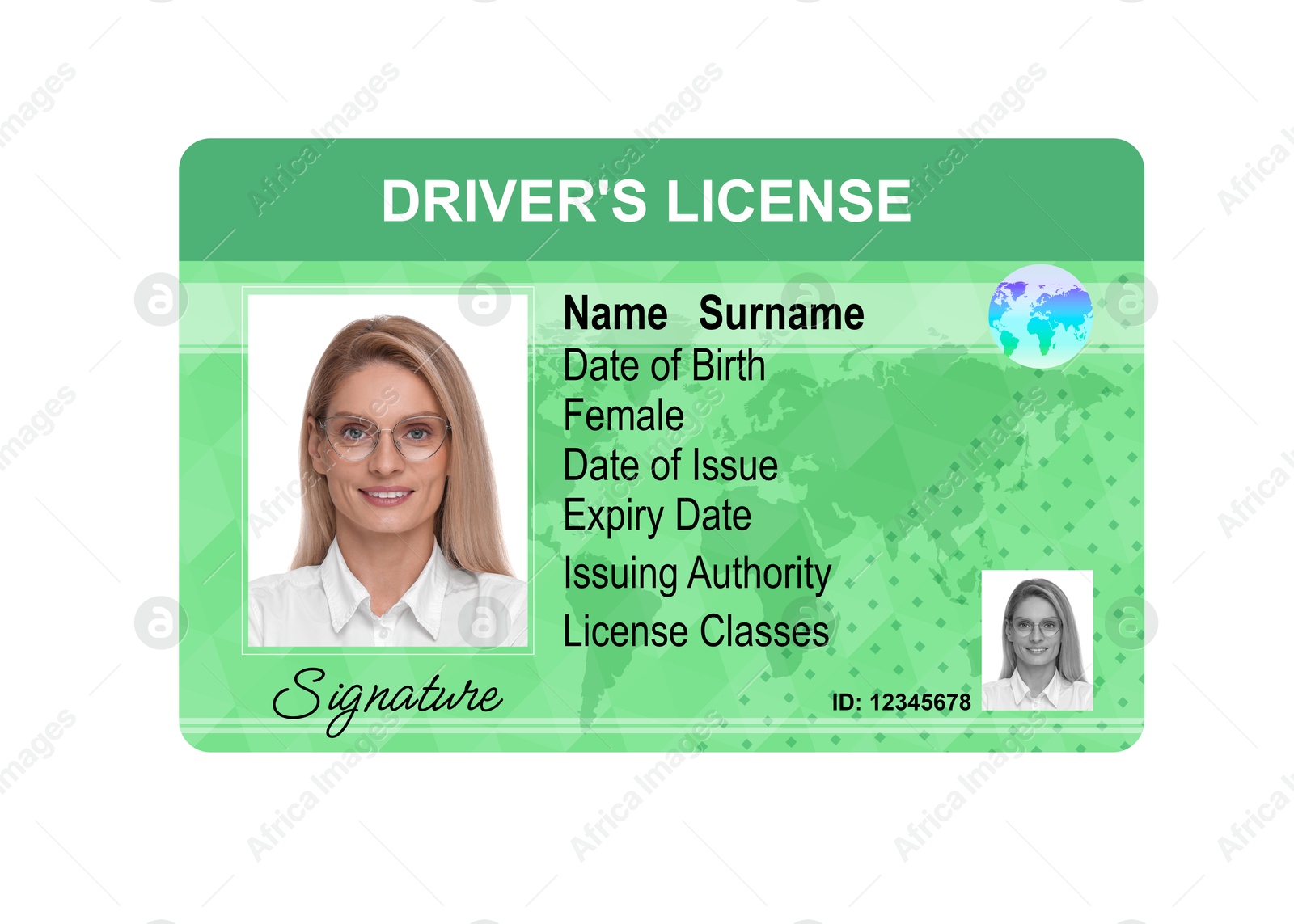 Image of Driver's license with photo of woman and world map illustration isolated on white