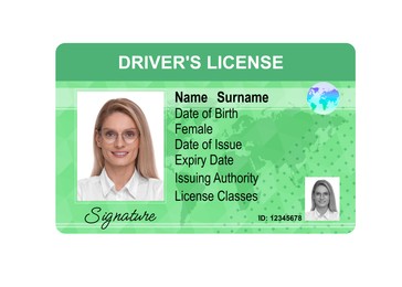 Image of Driver's license with photo of woman and world map illustration isolated on white