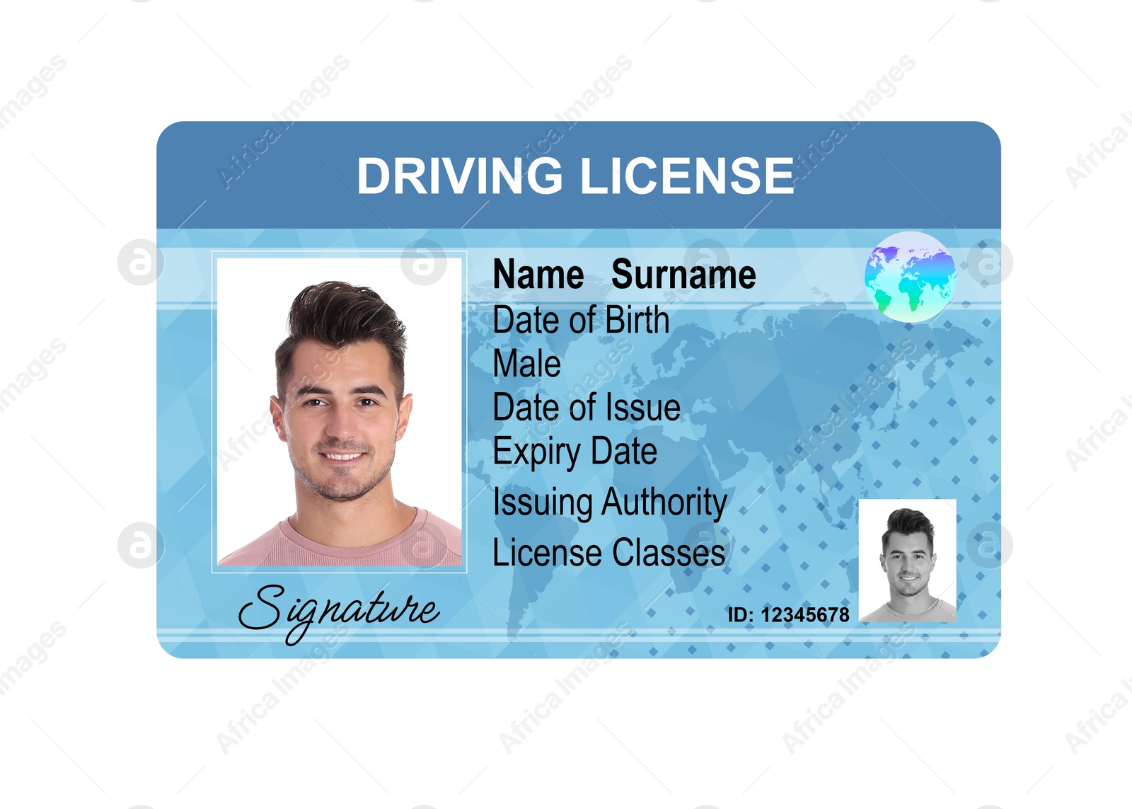 Image of Driver's license with photo of man and world map illustration isolated on white