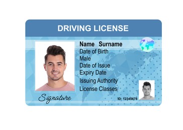 Image of Driver's license with photo of man and world map illustration isolated on white