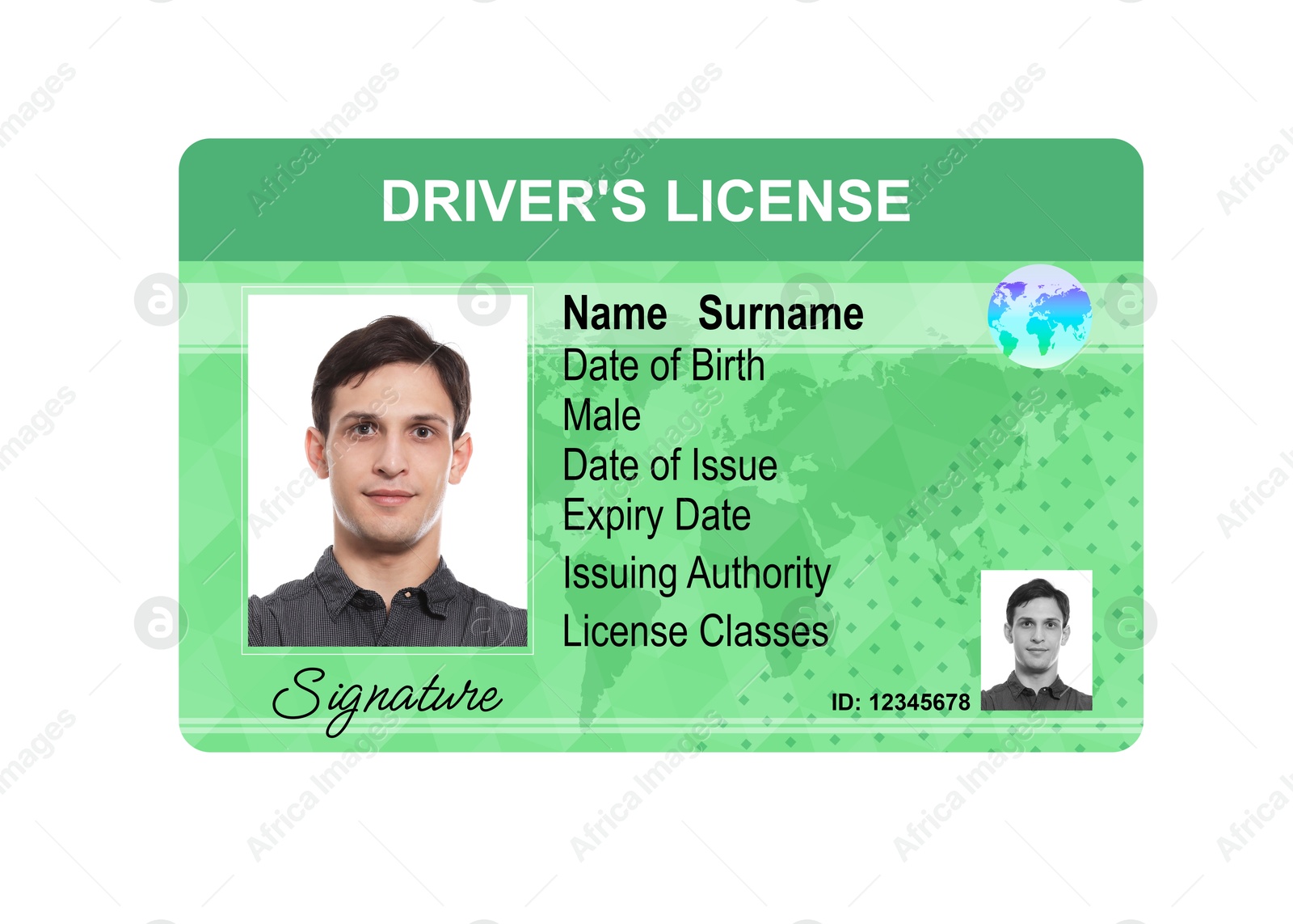 Image of Driver's license with photo of man and world map illustration isolated on white