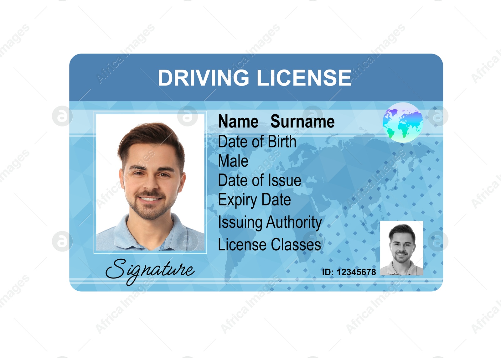 Image of Driver's license with photo of man and world map illustration isolated on white