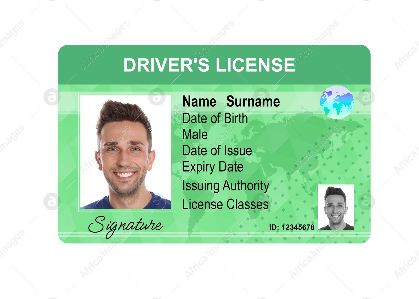 Image of Driver's license with photo of man and world map illustration isolated on white