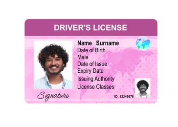 Image of Driver's license with photo of man and world map illustration isolated on white