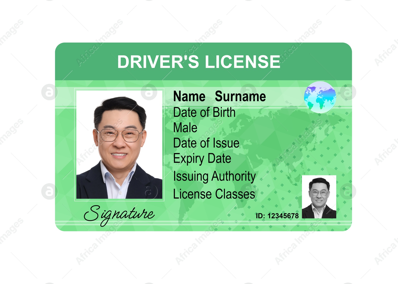 Image of Driver's license with photo of man and world map illustration isolated on white