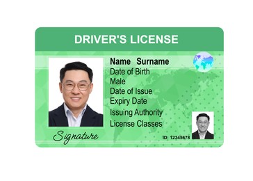 Image of Driver's license with photo of man and world map illustration isolated on white