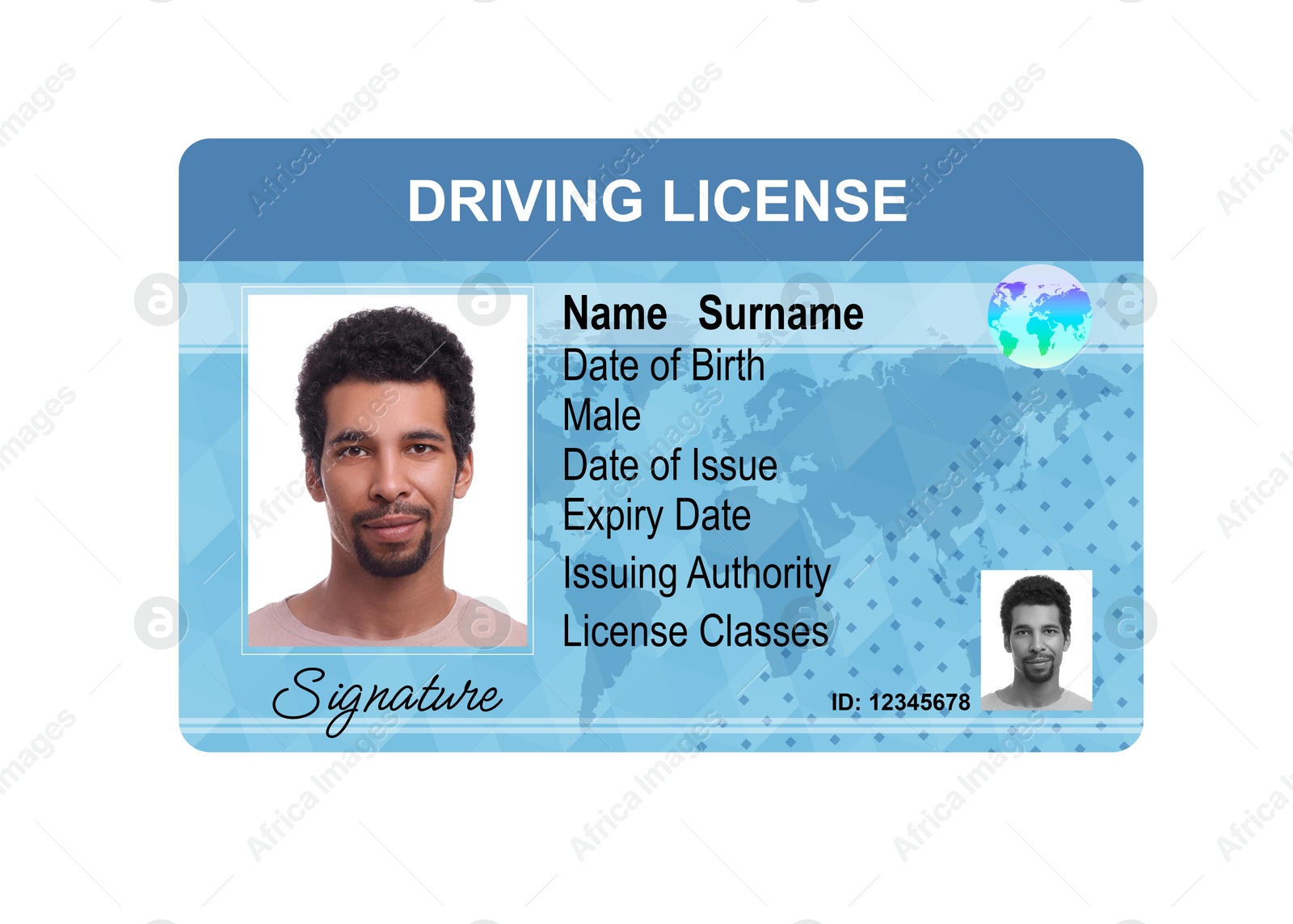 Image of Driver's license with photo of man and world map illustration isolated on white