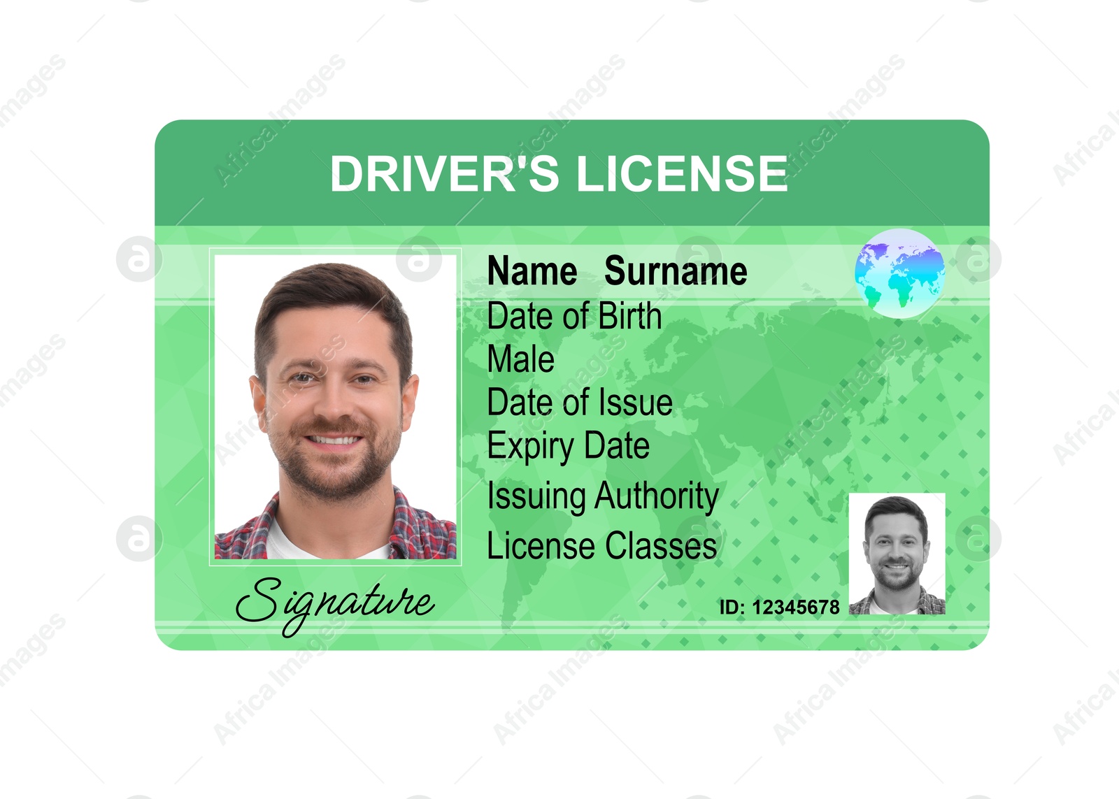 Image of Driver's license with photo of man and world map illustration isolated on white