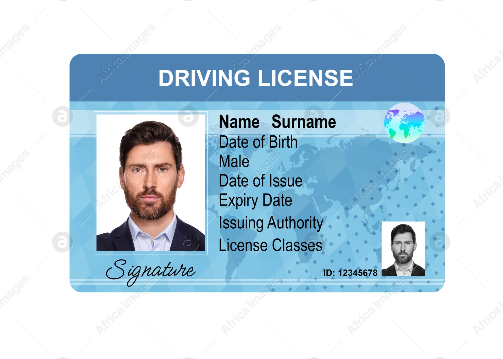 Image of Driver's license with photo of man and world map illustration isolated on white