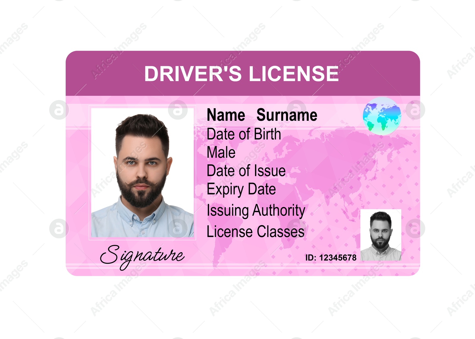 Image of Driver's license with photo of man and world map illustration isolated on white