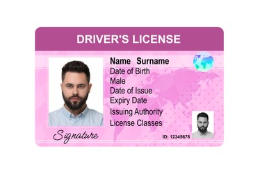 Image of Driver's license with photo of man and world map illustration isolated on white