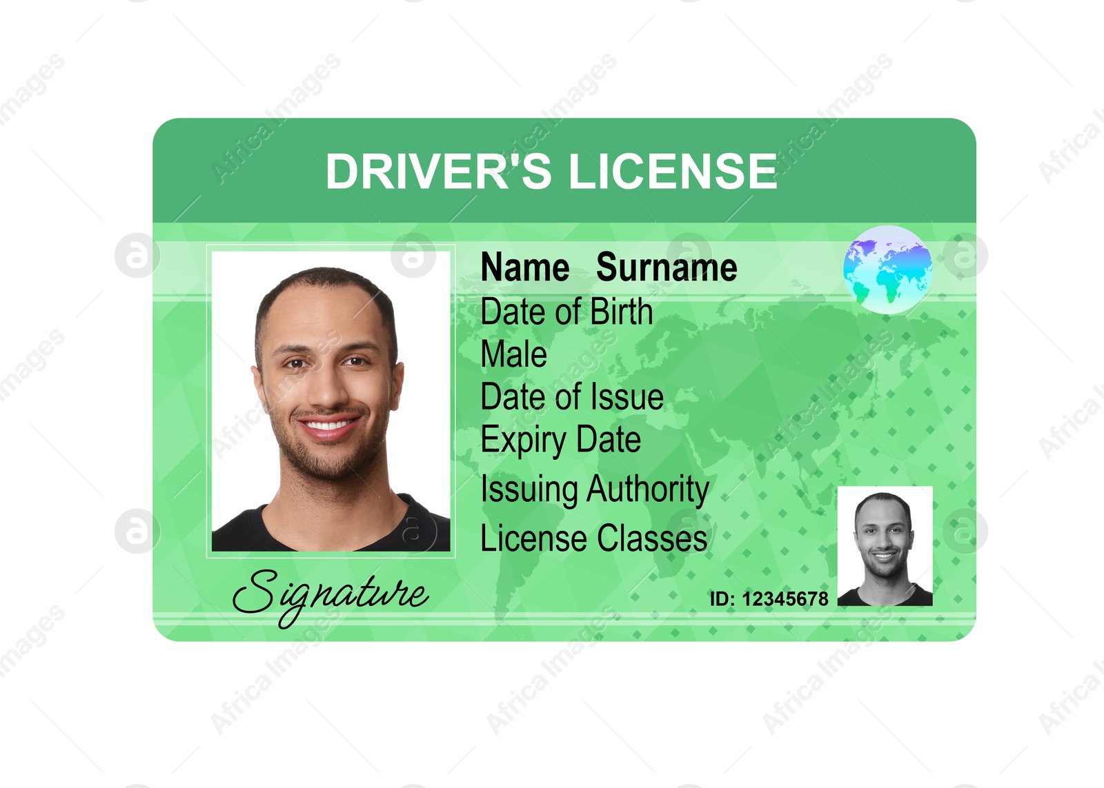 Image of Driver's license with photo of man and world map illustration isolated on white