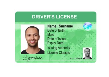 Image of Driver's license with photo of man and world map illustration isolated on white