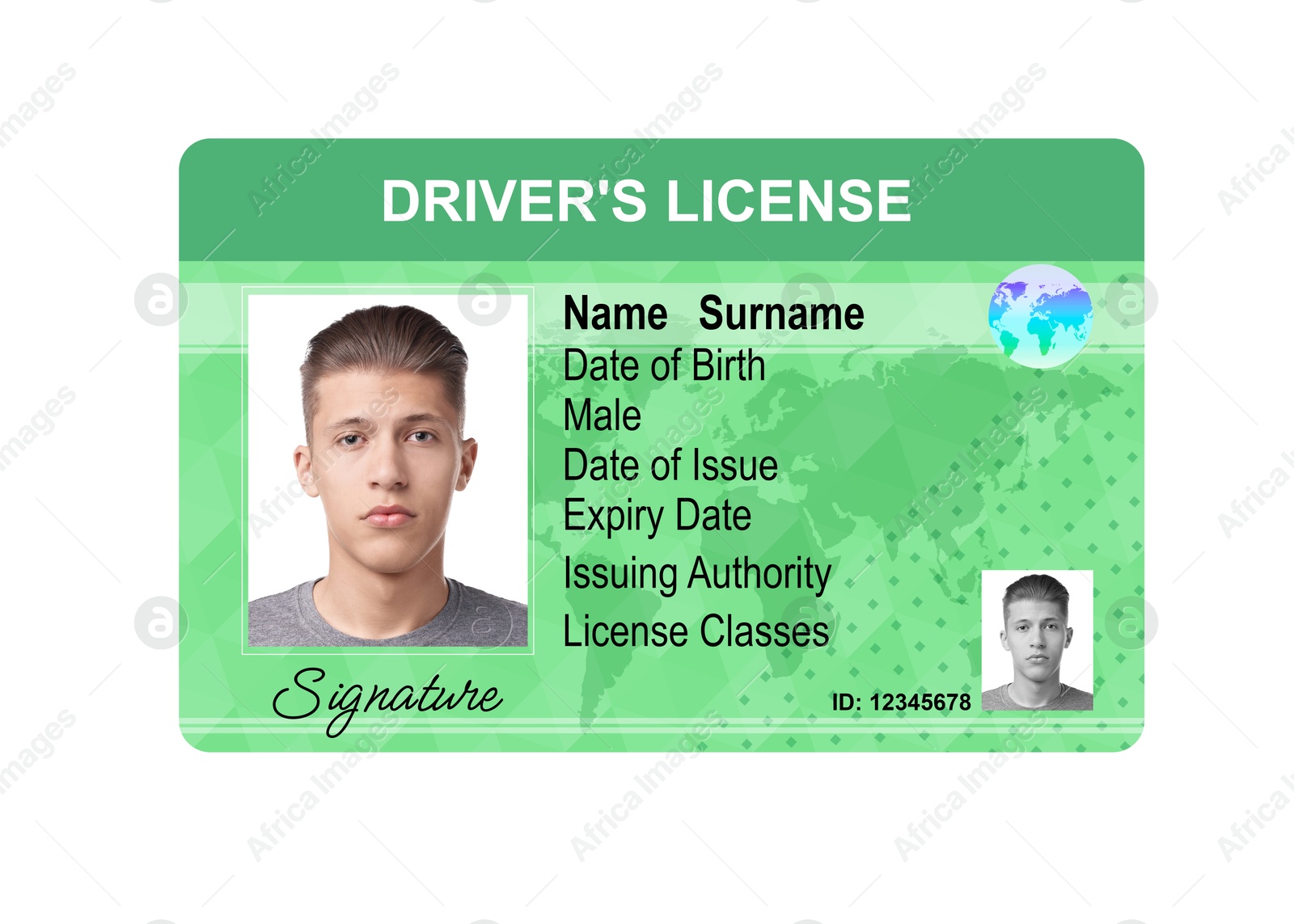 Image of Driver's license with photo of man and world map illustration isolated on white