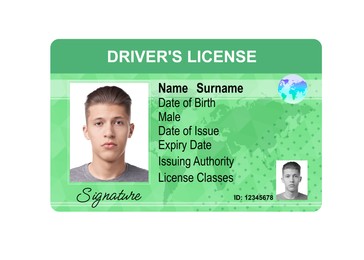 Image of Driver's license with photo of man and world map illustration isolated on white